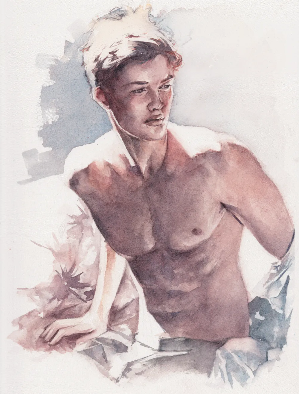 A watercolour painting of a man posing