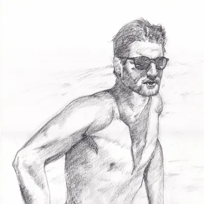 A watercolour painting of a man's face from a 3/4 rear view