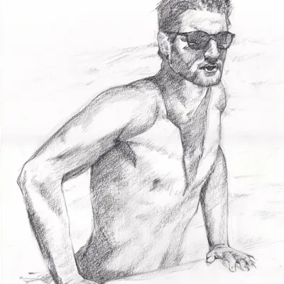 A watercolour painting of a man's face from a 3/4 rear view