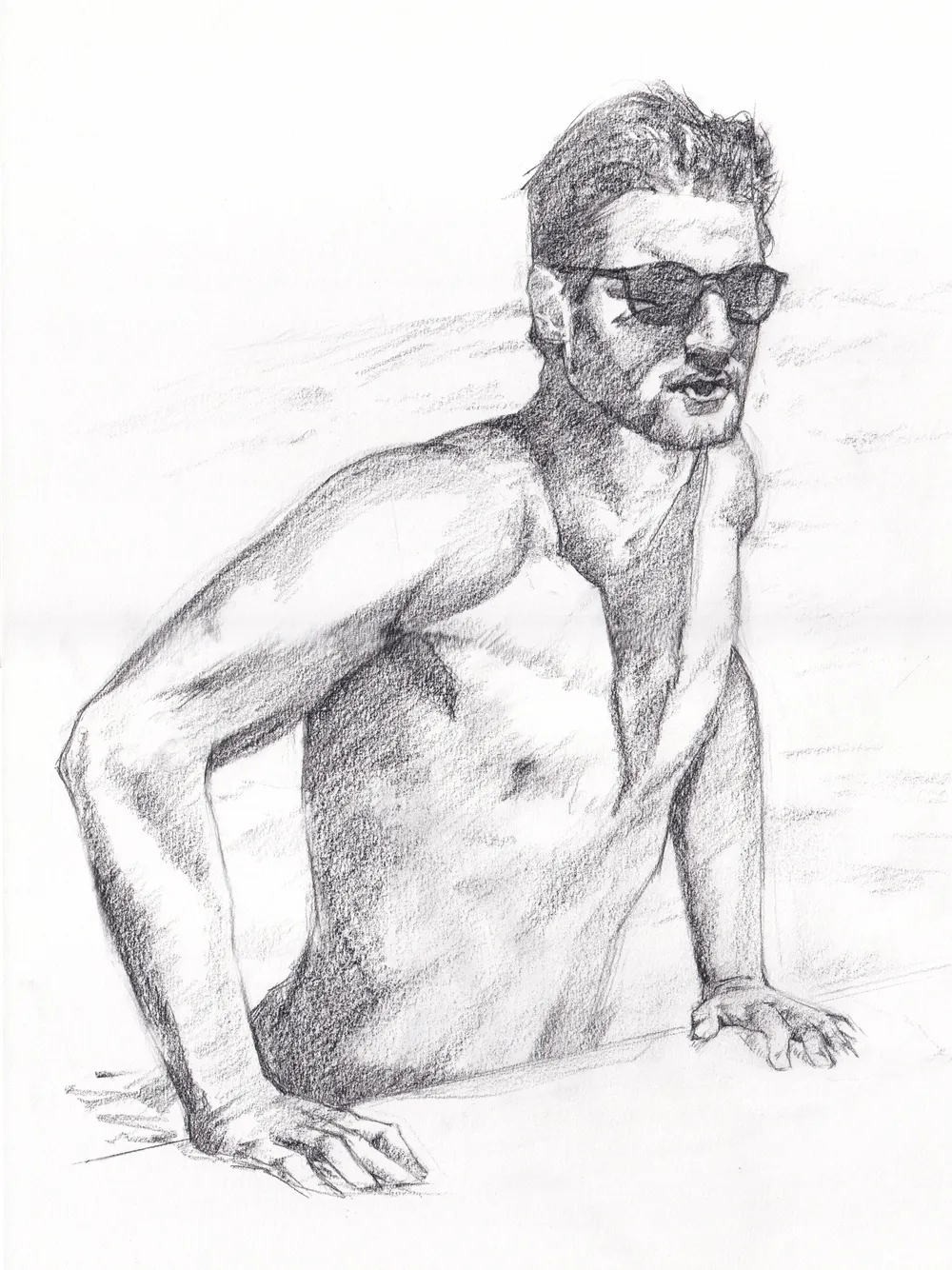 A watercolour painting of a man's face from a 3/4 rear view