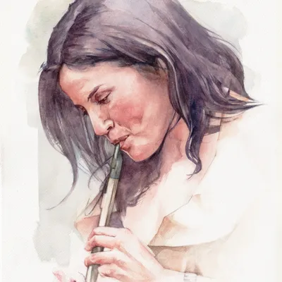 A watercolour portrait of Andrea Corr playing the tin whistle
