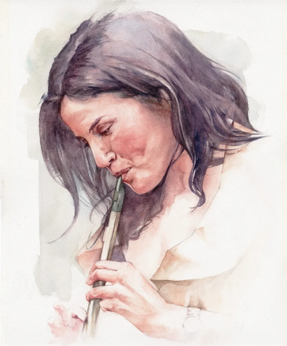 A watercolour portrait of Andrea Corr playing the tin whistle