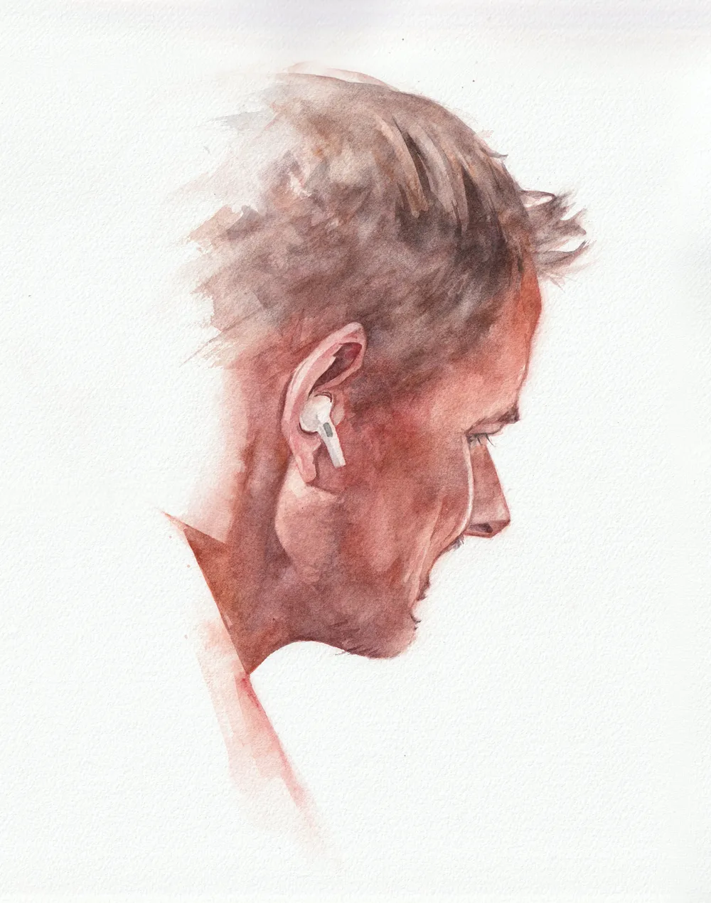 A watercolour painting of a man's face from a 3/4 rear view