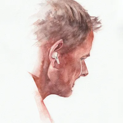 A watercolour painting of a man's face from a 3/4 rear view
