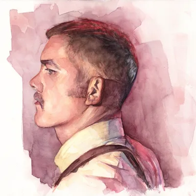 A watercolour portrait of Russell Tovey in side profile