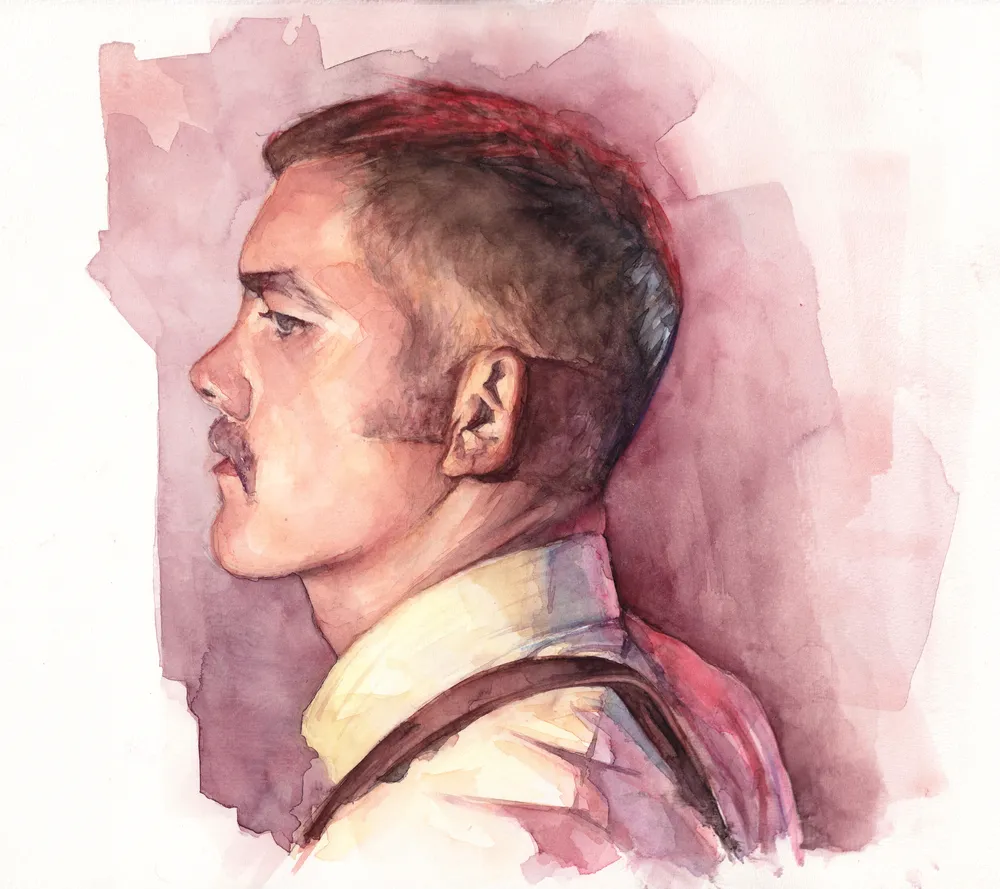 A watercolour portrait of Russell Tovey in side profile