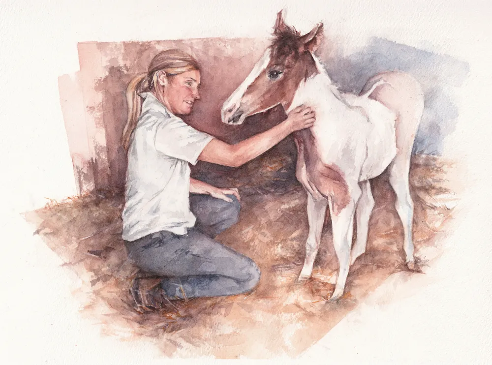 A watercolour painting of a girl in a stable with a skewbald foal