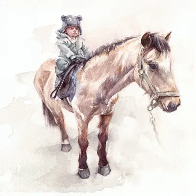 A watercolour painting of a young child riding a dun pony