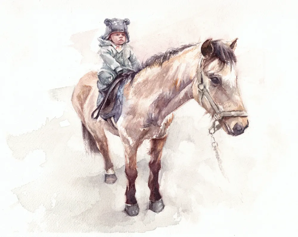 A watercolour painting of a young child riding a dun pony